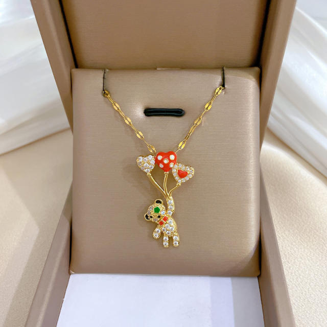 Delicate cute balloon bear copper pendant stainless steel chain necklace for women