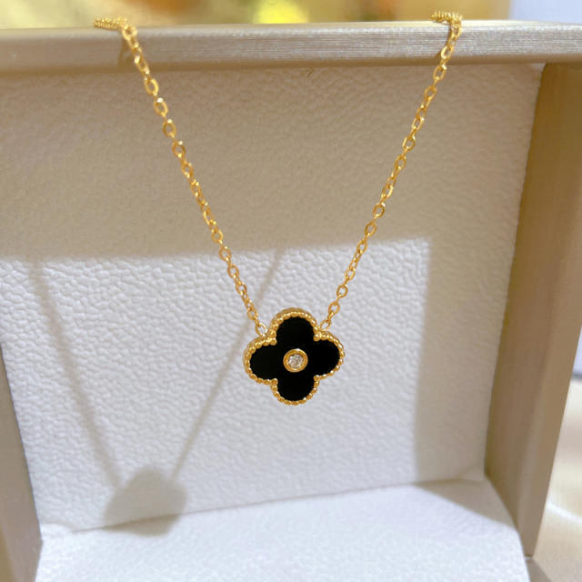 Classic black clover pendant dainty stainless steel necklace for women