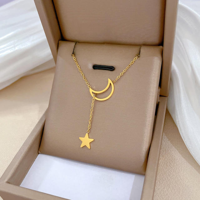 Korean fashion hollow out moon star lariat necklace stainless steel necklace