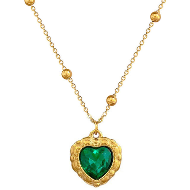 Sweet emerald cubic zircon heart pendant stainless steel chain necklace