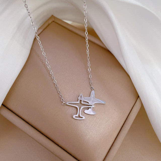 Travel plane hollow out stainless steel necklace