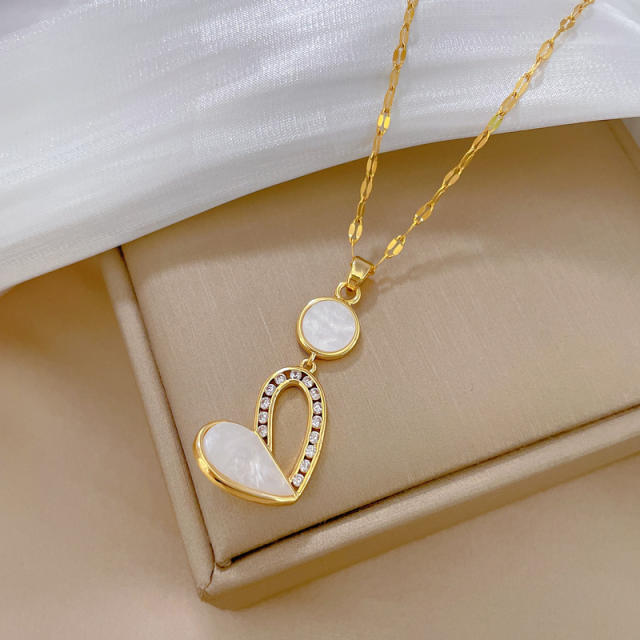 Delicate mother shell heart pendant stainless steel chain necklace