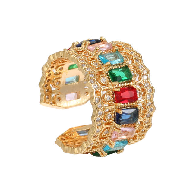 Luxury rainbow cubic zircon pave setting chunky gold plated copper rings