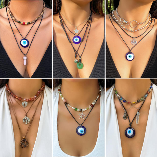 Vintage boho blue eye evil eye charm wax rope layer necklace for women