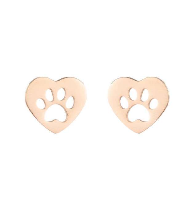 Cute paw hollow out heart round shape stainless steel studs earrings