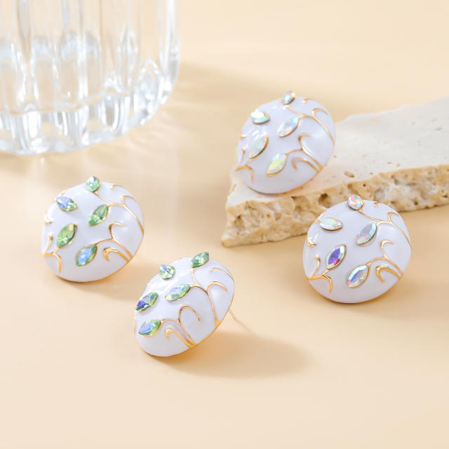 Cute round shape white enamel rhinestone setting studs earrings