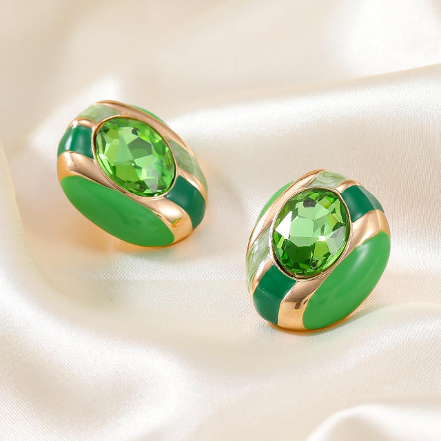 Fresh green enamel glass crystal statement oval studs earrings