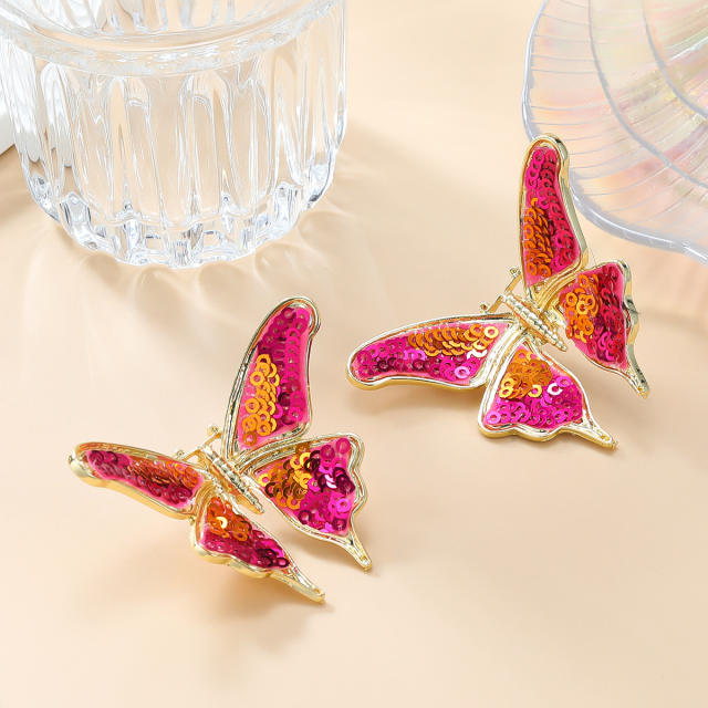 Hot sale rose red sequins butterfly stereo studs earrings