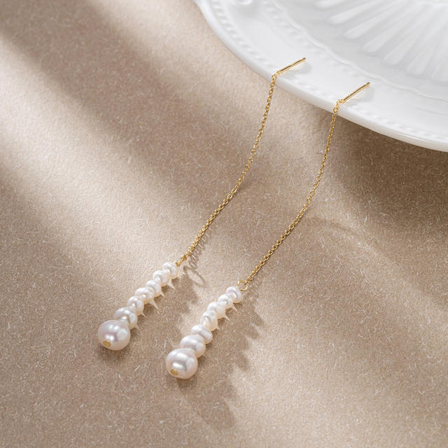 925 sterling silver pearl bead dangle threader earrings