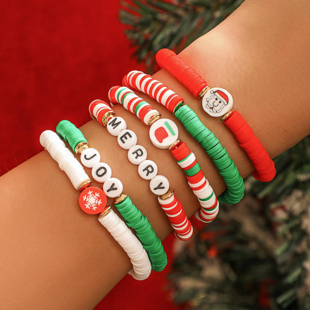 6pcs set christmas series clay bead letter  bracelet set