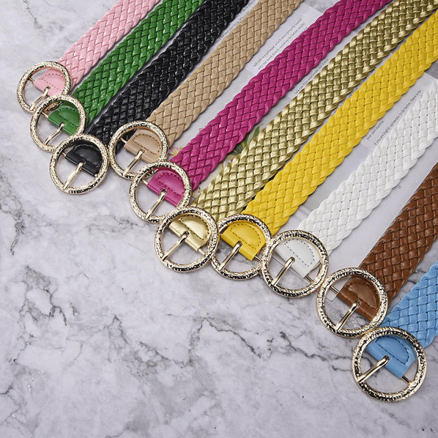 Candy color PU leather braid round buckle belt for women dress belt