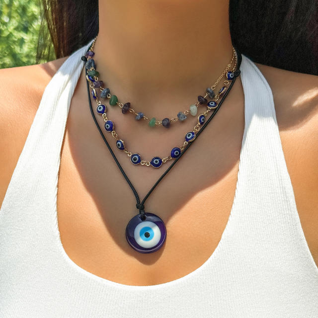 Vintage boho blue eye evil eye charm wax rope layer necklace for women