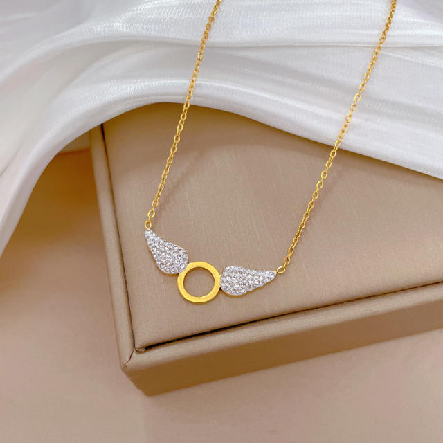 Delicate diamond wing circle stainless steel necklace