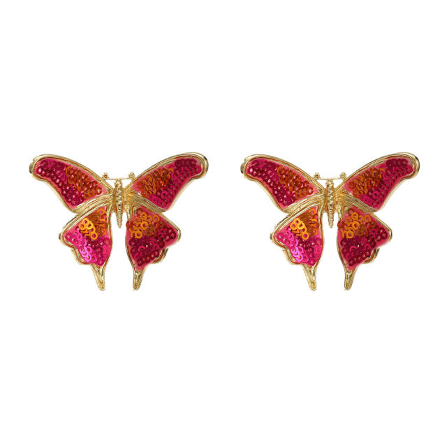 Hot sale rose red sequins butterfly stereo studs earrings