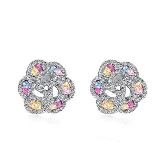 925 sterling silver color cubic zircon clover flower studs earrings