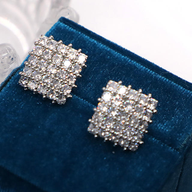Delicate pave setting cubic zircon diamond square studs earrings
