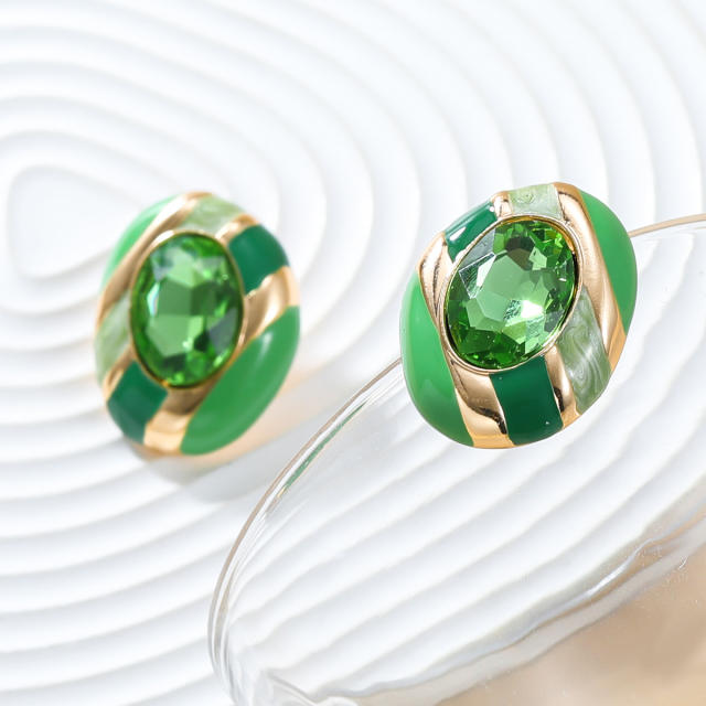 Fresh green enamel glass crystal statement oval studs earrings