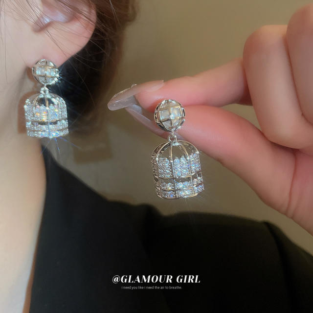 Creative diamond birdcage unique earrings