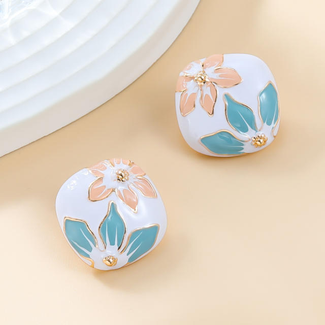 Fresh enamel flower white color metal studs earrings