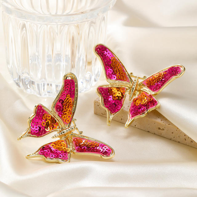 Hot sale rose red sequins butterfly stereo studs earrings