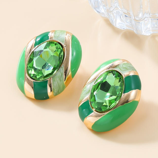 Fresh green enamel glass crystal statement oval studs earrings