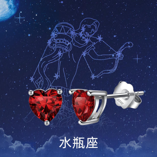 925 sterling silver heart shape birthstone zodiac studs earrings gift