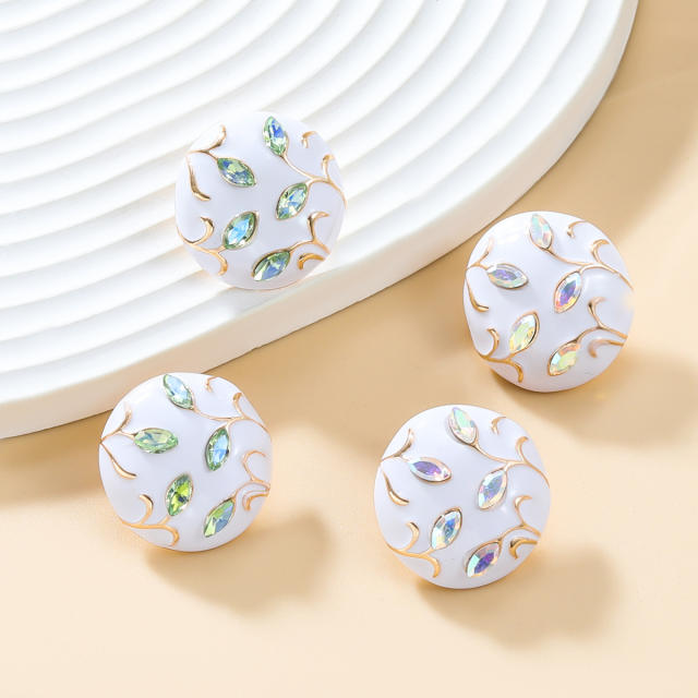 Cute round shape white enamel rhinestone setting studs earrings