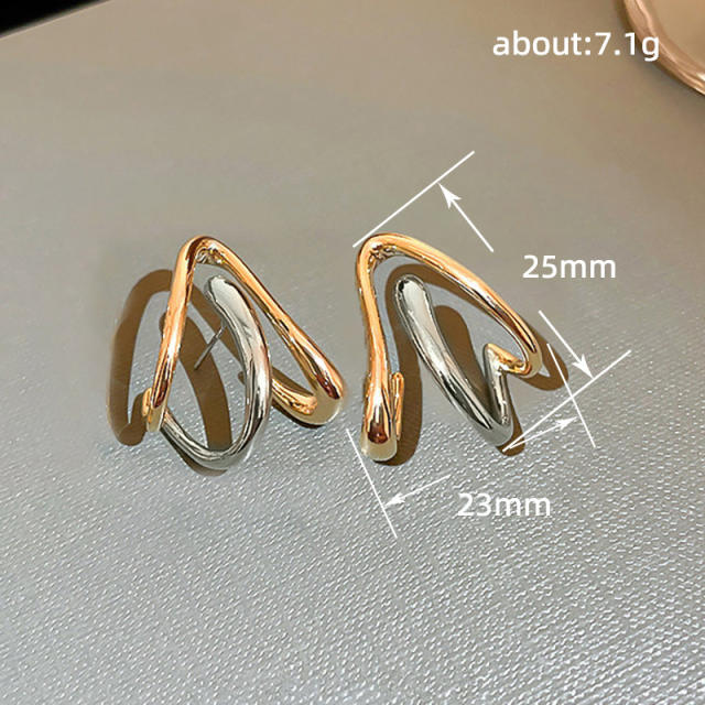 Unique two tone goemtric line copper ear studs earrings for women