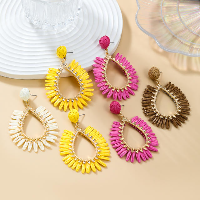 Boho holiday beach trend colorful straw hollow drop earrings