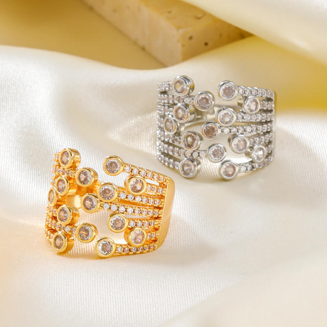 Chunky pave setting cubic zircon gold plated copper rings for women