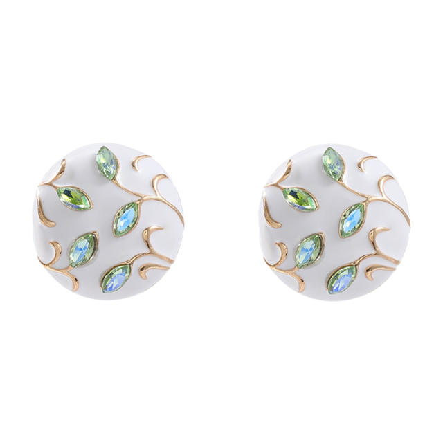 Cute round shape white enamel rhinestone setting studs earrings