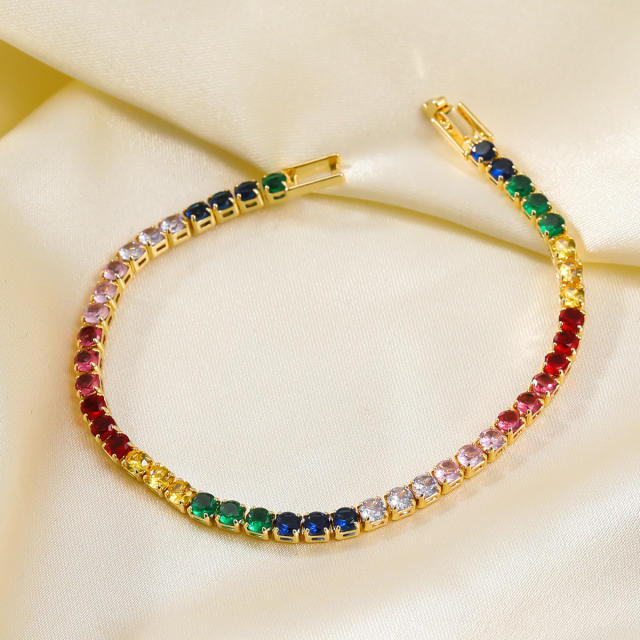 Luxury rainbow cubic zircon copper tennis chain bracelet