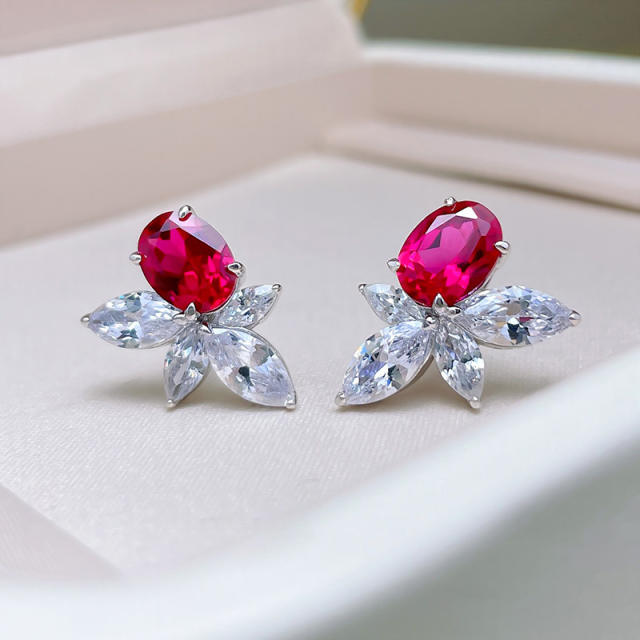 Delicate rose red cubic zircon copper studs earrings for women