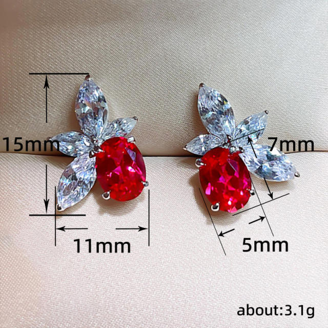 Delicate rose red cubic zircon copper studs earrings for women