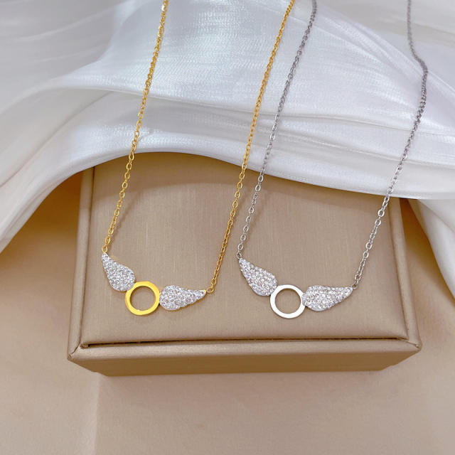 Delicate diamond wing circle stainless steel necklace