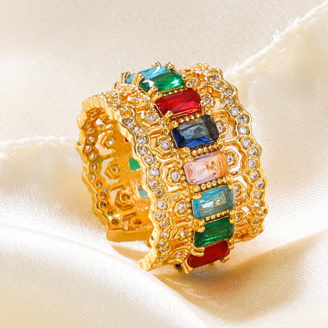Luxury rainbow cubic zircon pave setting chunky gold plated copper rings