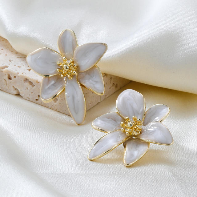 Elegant white color enamel bloom petal studs earrings