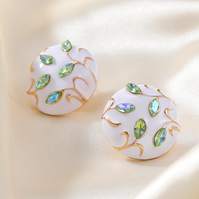 Cute round shape white enamel rhinestone setting studs earrings