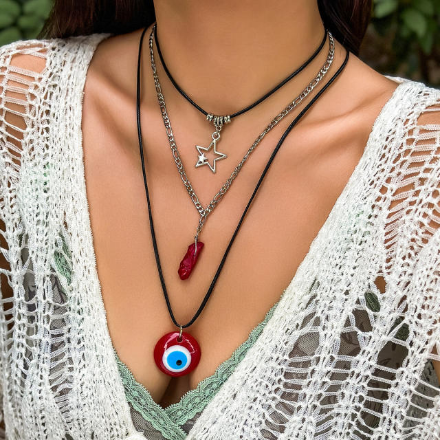 Vintage boho evil eye charm wax rope layer necklace for women