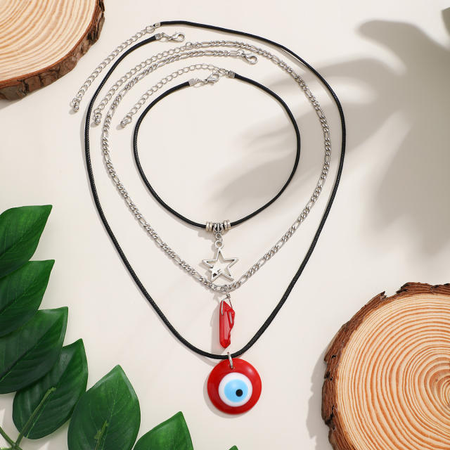 Vintage boho evil eye charm wax rope layer necklace for women