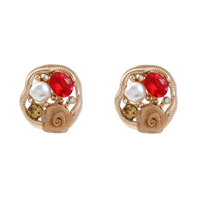 Vintage geometric round shape stereo flower studs earrings