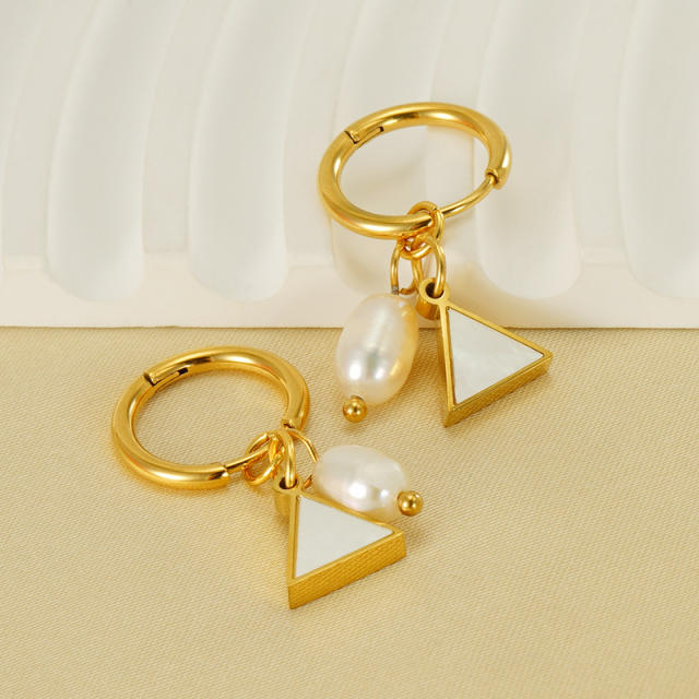 18KG pearl bead triangle square heart charm stainless steel huggie earrings