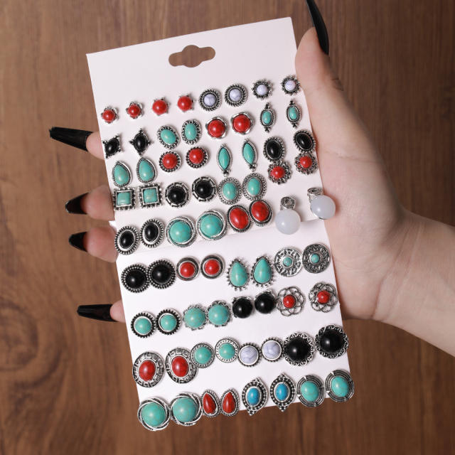 Vintage natural trend turquoise bead card earrings set