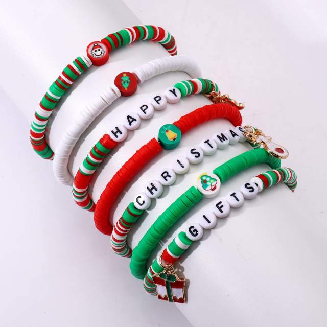 7pcs set christmas green white red color clay bead bracelet set