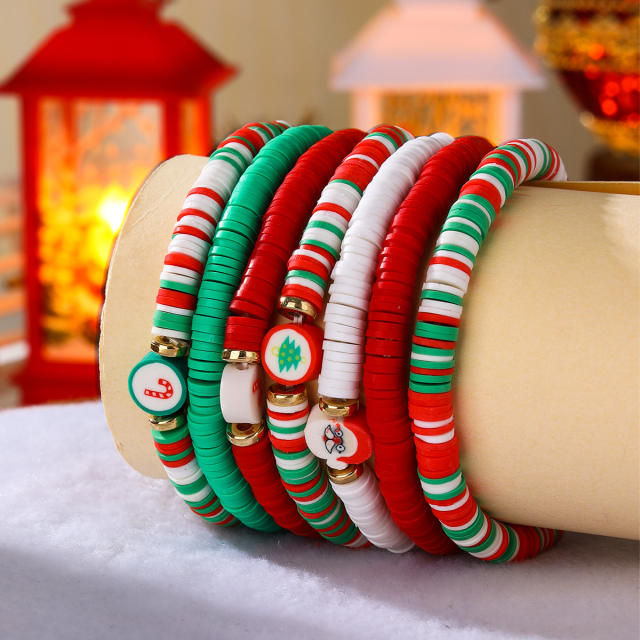 7PCS Green red white clay bead elastic christmas bracelet