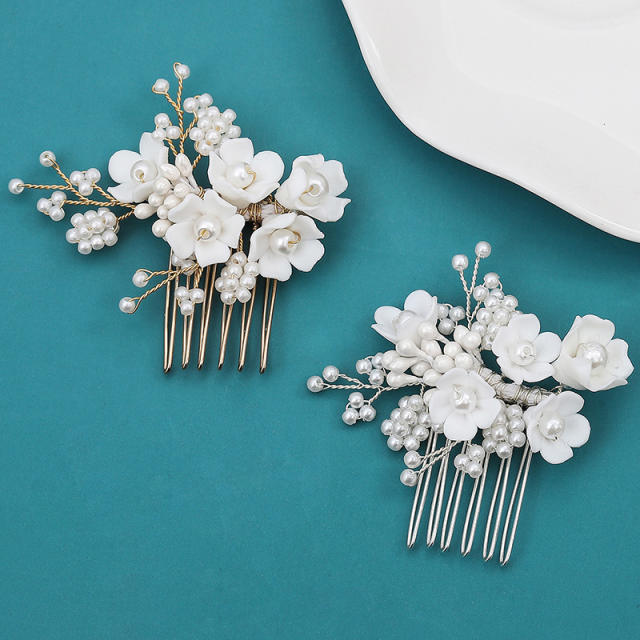 Small size handmade pearl bead flower women wedding hair combs