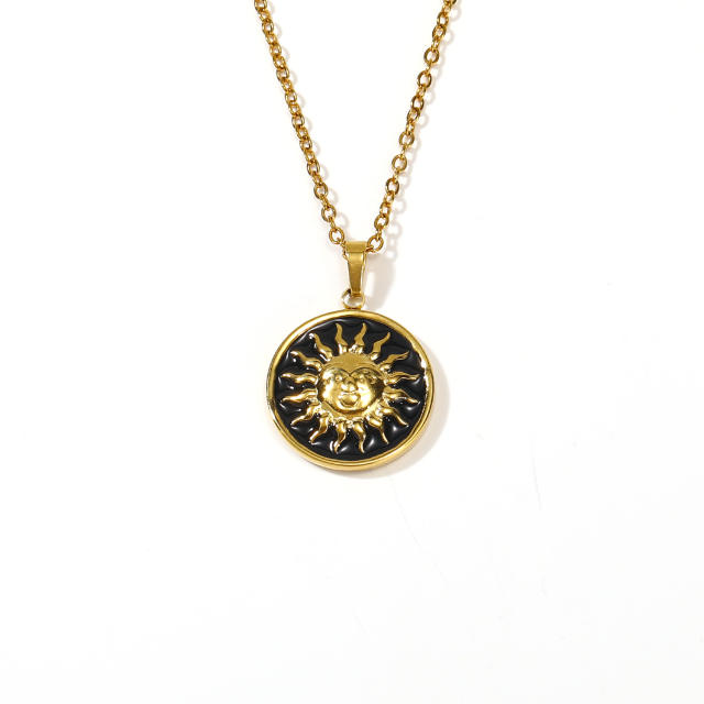 18KG vintage oval pendant sun symbol stainless steel necklace