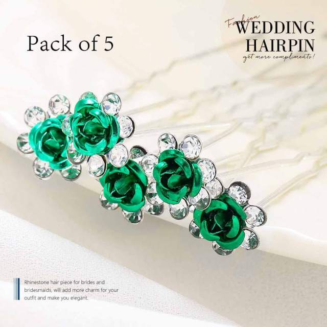 5pcs set green color flower bridal hair pins set