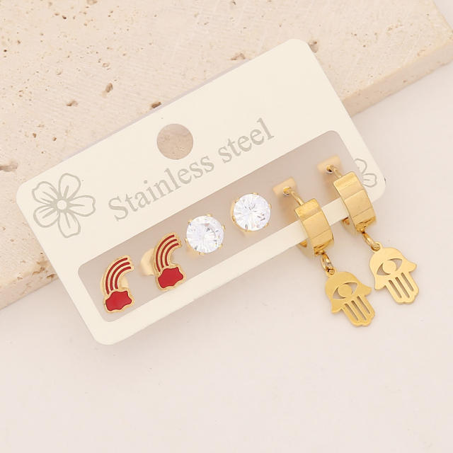 3 pairs cute stainless steel studs huggie earrings set