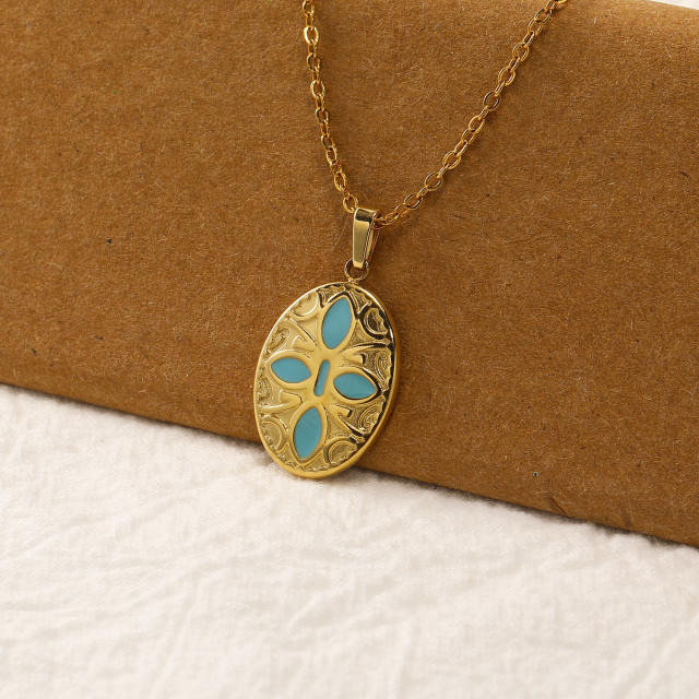 18KG vintage oval pendant sun symbol stainless steel necklace
